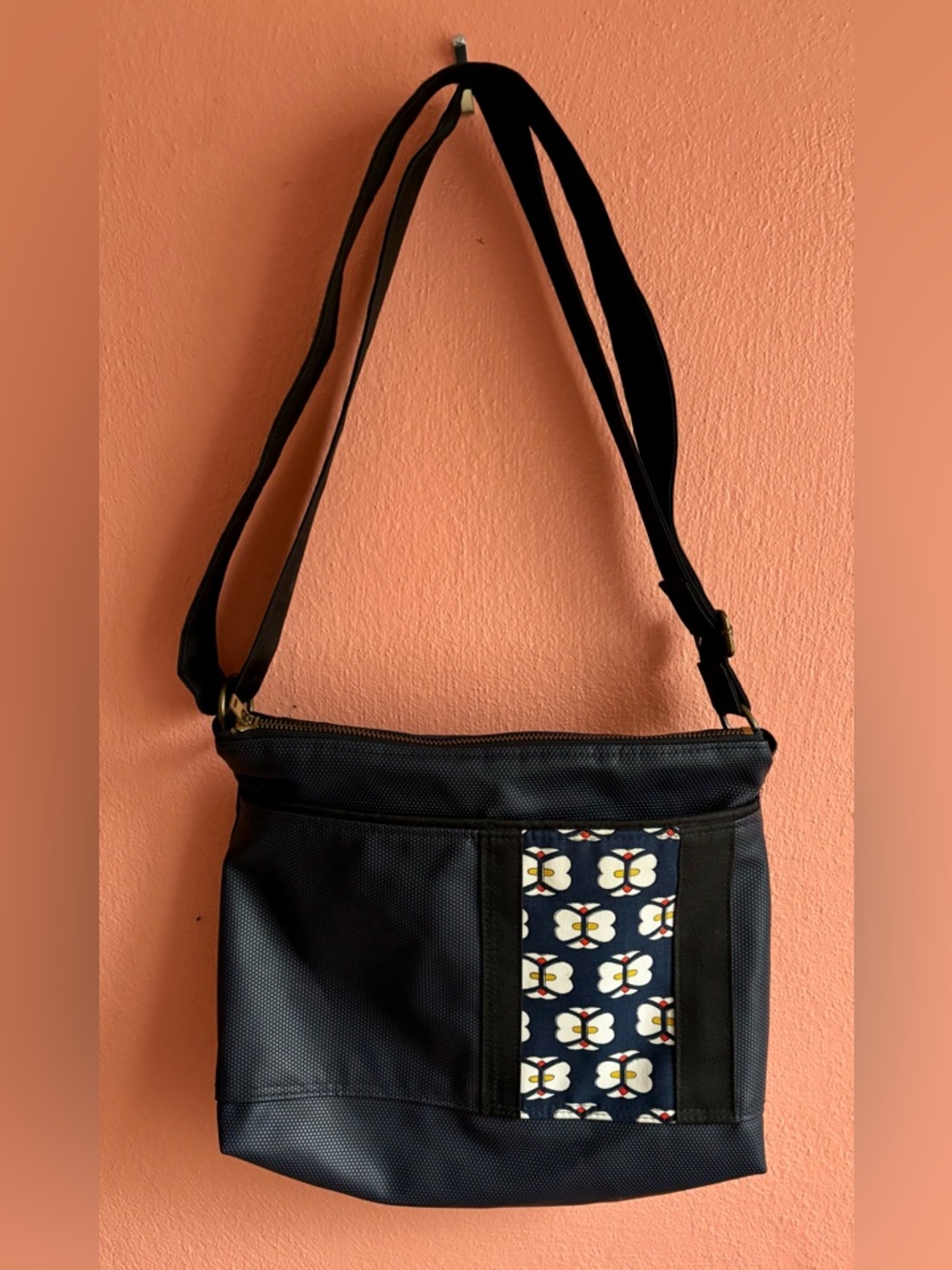 Vegan Leather Crossbody Tote Bag with Patterned Front Panel